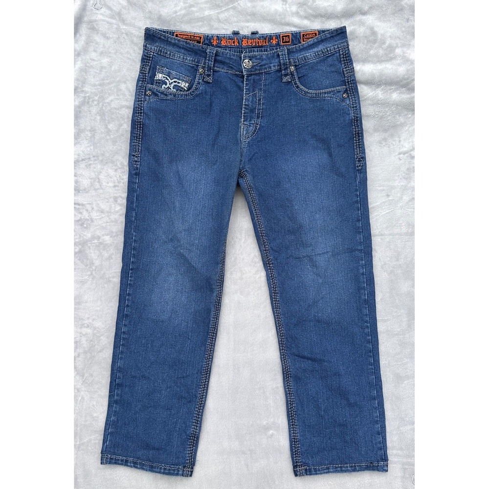 Rock Revival Calden Straight Blue Denim Jeans Mens 36x28 Medium Wash Embroidery